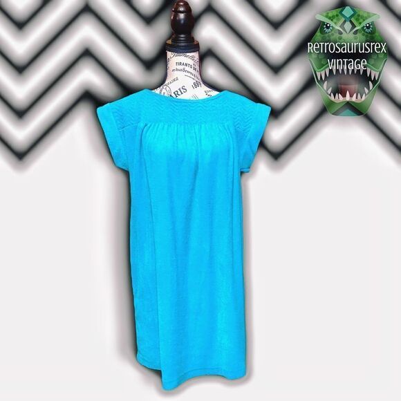 vintage 1970’s Twee Turquoise Terry Cloth Robe Coverup Bath Dress, Large - Picture 5 of 7